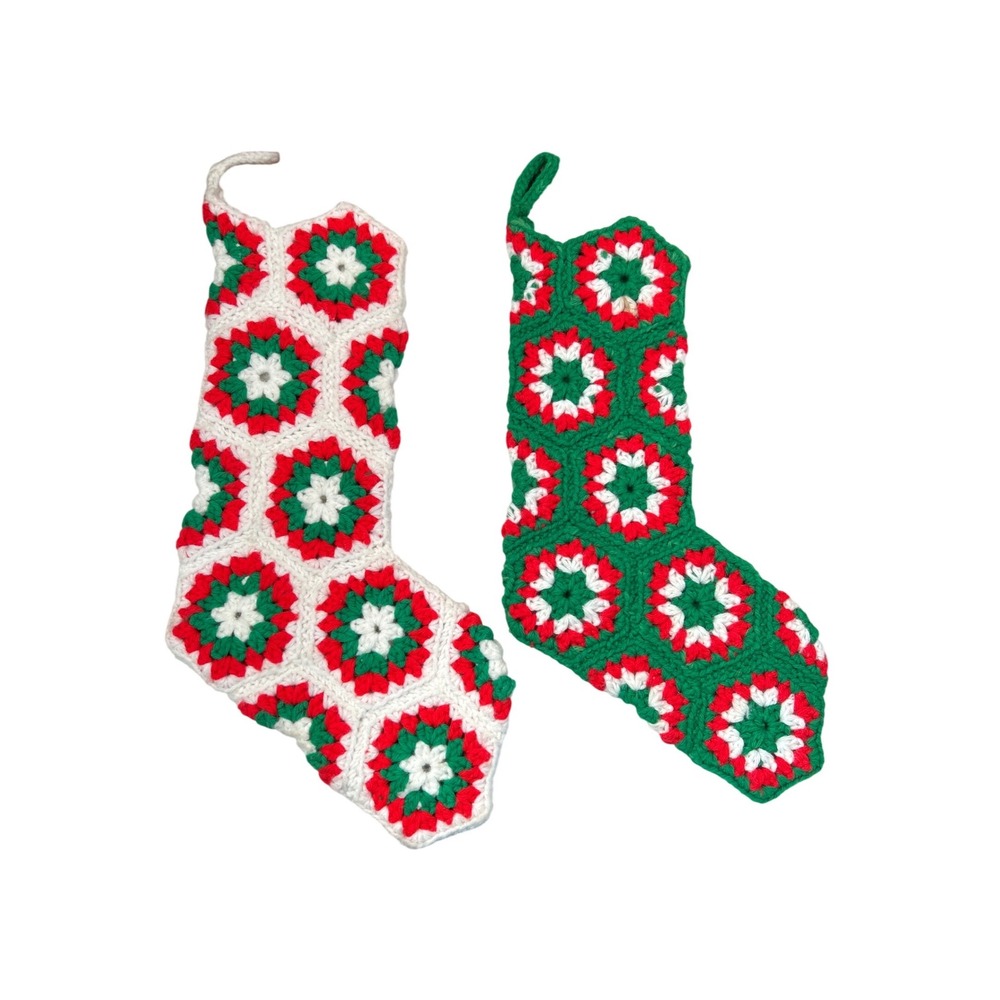 Handmade‎ Crochet Christmas Stockings Red Green White Granny Square Set of 2
